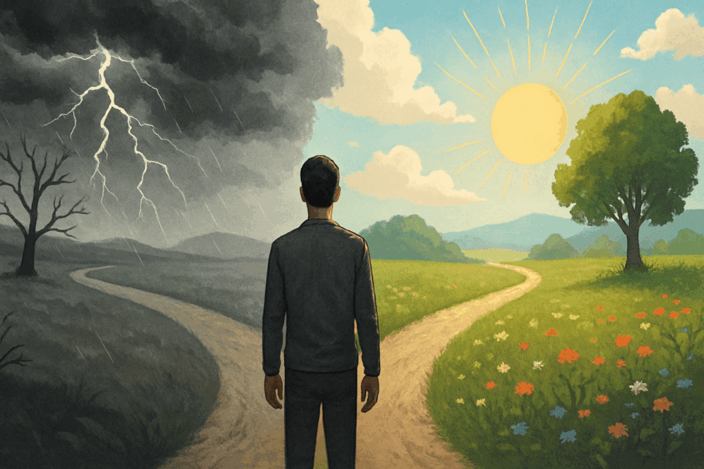 Symbolic split landscape illustrating emotional transformation from anxiety to clarity using psilocybin mushroom supplements