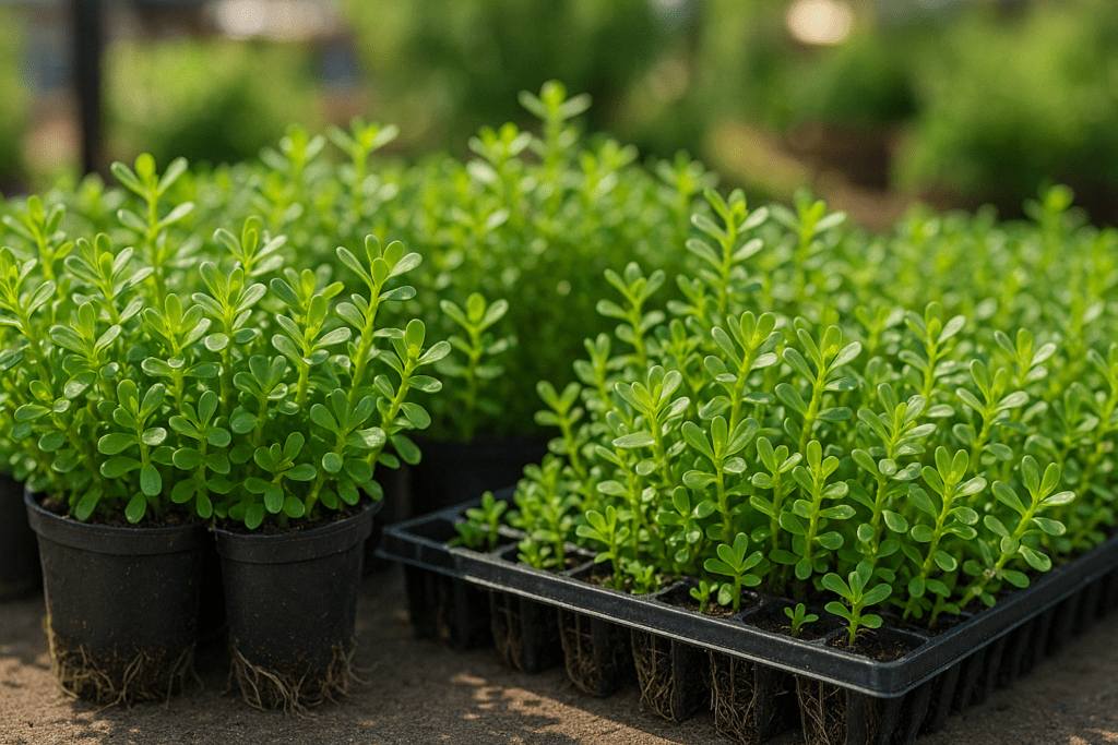 Vibrant Bacopa monnieri plants in pots at a nursery, helping users decide how to grow your own Brahmi plant from live starter plants.