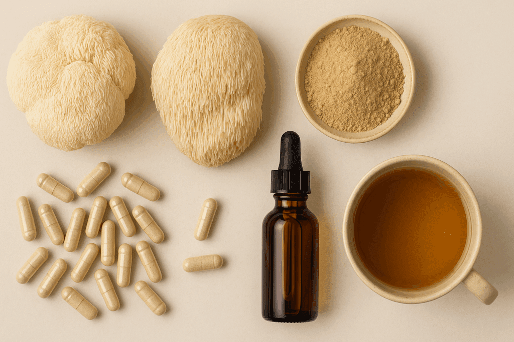 Assorted supplement forms including organic lion's mane capsules, powder, tincture, and tea on a neutral surface