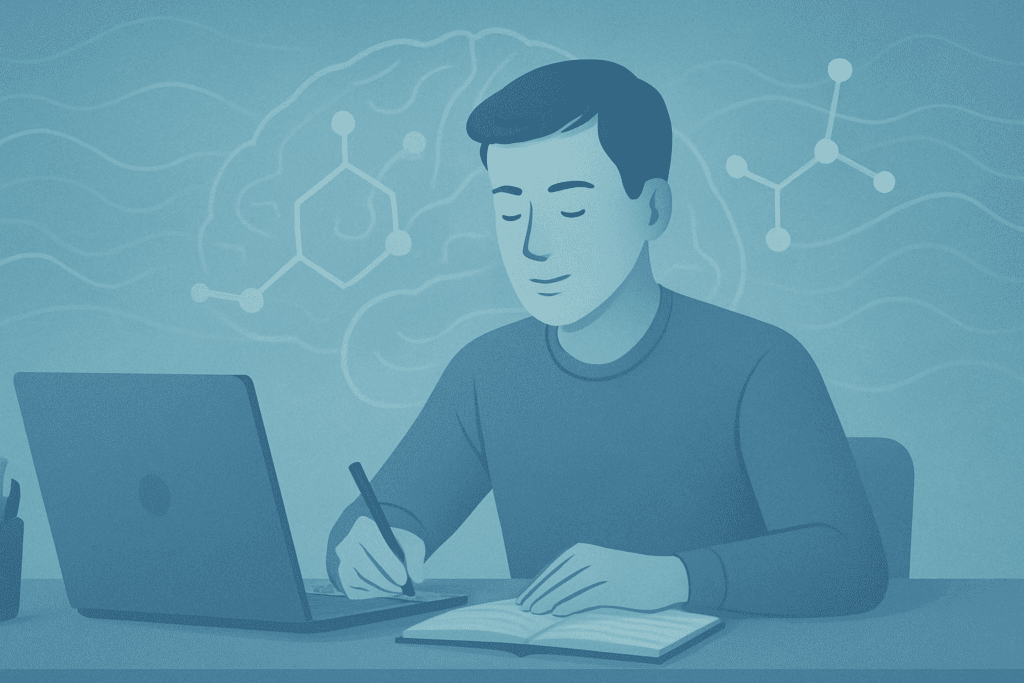 "Calm individual focused at a desk with abstract brainwave and dopamine visuals in background, symbolizing mental clarity and themes from Avantera Elevate reviews."