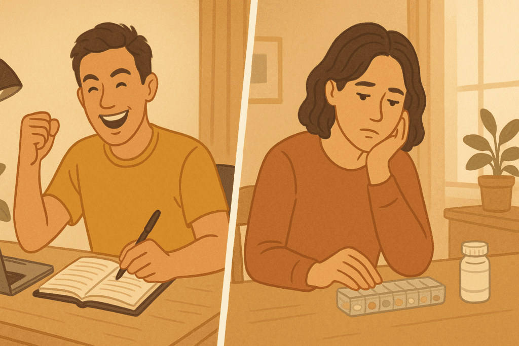 Split-screen showing two adults experiencing different effects of the best medication for inattentive ADHD in adults—one energized and focused, the other reflective with a pill organizer.
