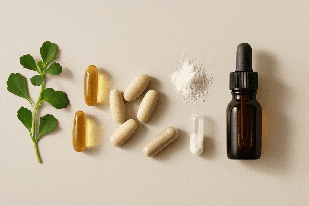 "Natural arrangement of Bacopa monnieri leaves, phosphatidylserine capsules, acetyl-L-carnitine powder, and herbal supplements representing the best supplements for menopause brain fog."