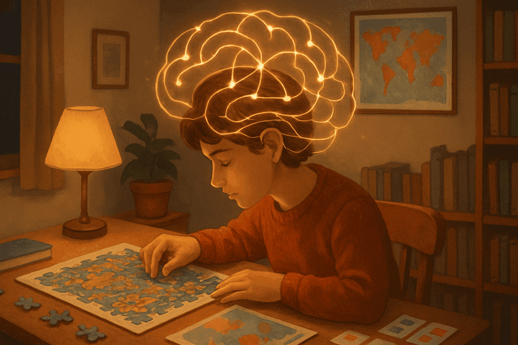"Person focused on a puzzle in a warm study room with glowing neural patterns above their head, illustrating active cognitive brain function."