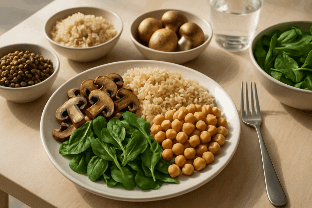 Plant-based meal featuring mushrooms, legumes, and grains showing the nutritional value of brown mushrooms and crimini mushrooms