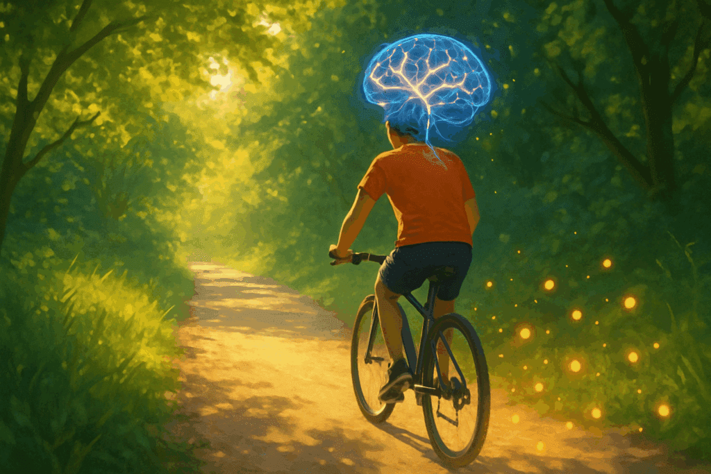 "Person cycling on a sunlit forest path with glowing neural connections and BDNF particles, symbolizing how to protect your brain from damage through exercise."