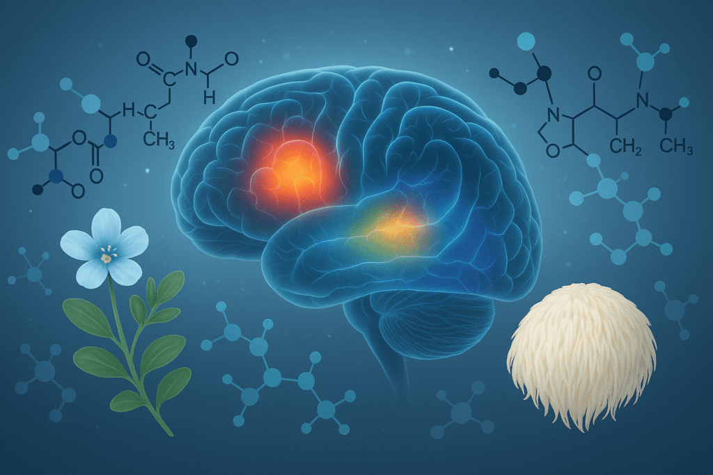 "Futuristic brain cross-section with activated neural zones surrounded by Bacopa monnieri, Lion’s Mane mushroom, and Citicoline molecules, illustrating the science behind the best brain supplements for adults."