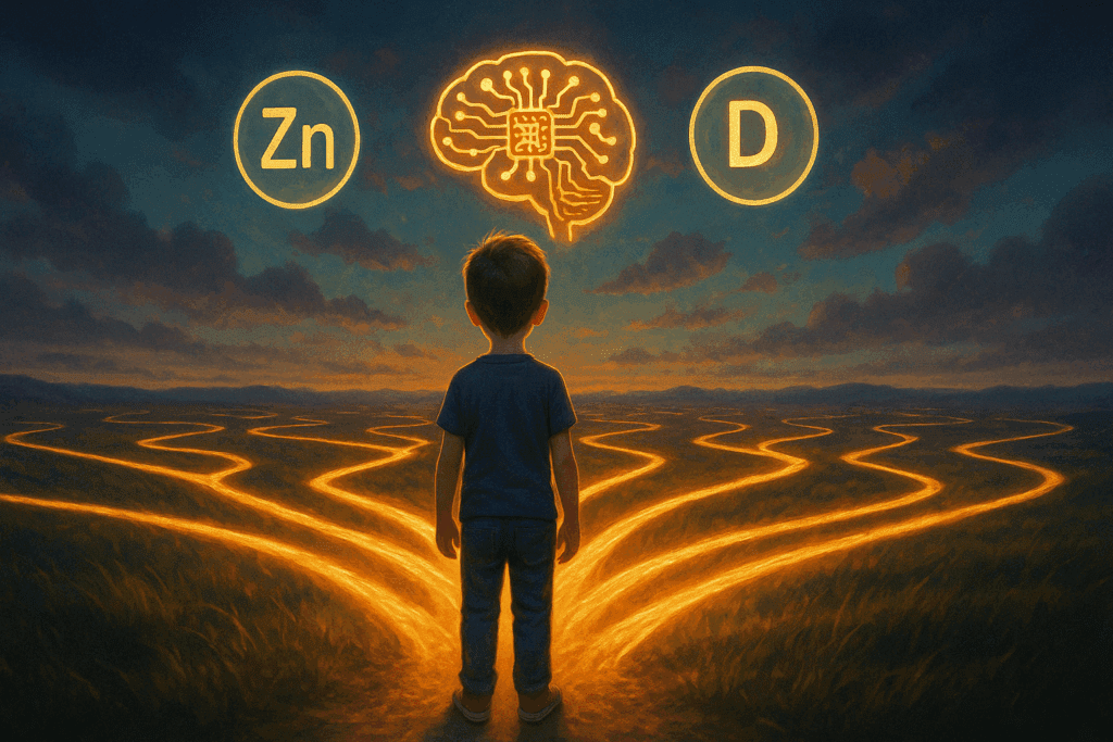 "Child standing at a glowing crossroads with icons of zinc, vitamin D, and brain circuitry above, symbolizing the best vitamins for child brain development."