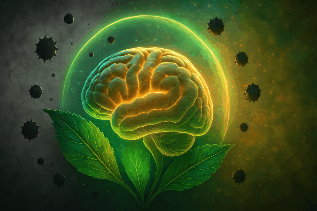 Visualization of Ginkgo Bacopa protecting brain cells from oxidative stress and cognitive aging