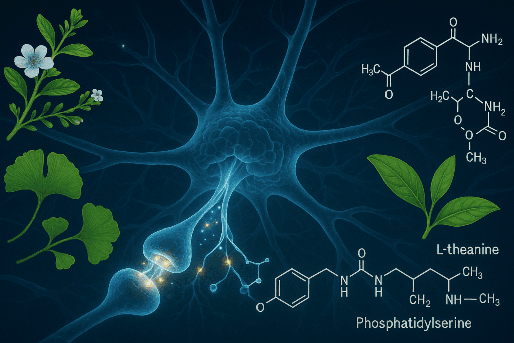 "Digital illustration of neurons interacting with herbal nootropic ingredients like bacopa, ginkgo, and L-theanine, visualizing how the Cerebra brain supplement may influence brain chemistry."