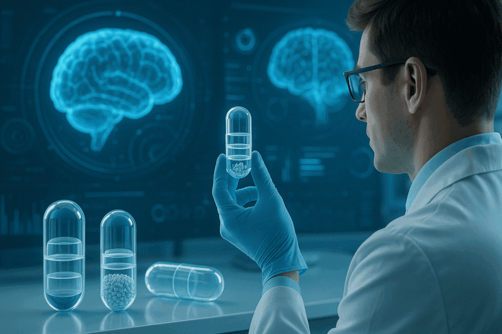 Scientist in a futuristic lab analyzing transparent capsules with holographic brains in the background, symbolizing Class A ADHD medications innovation.