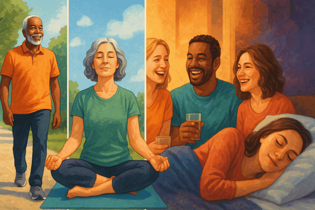 "Collage showing how to improve cognitive function in the elderly with walking, meditation, socializing, and restful sleep."