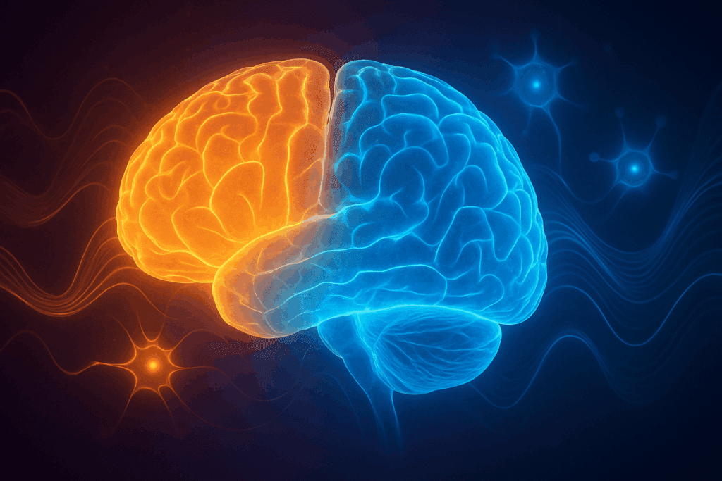 Two overlapping human brains, one glowing warm orange and the other cool blue, conceptually illustrating what is the best medication for dementia through combination therapy.