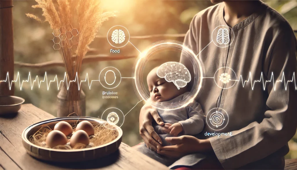 "A split-screen image showing a young adult and an older adult engaged in cognitive activities, both benefiting from eggs' impact on memory and cognitive health, addressing age-related brain health."