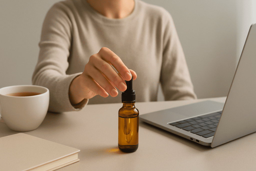Modern wellness routine featuring a liquid supplement of Ashwagandha and Bacopa together for stress and focus