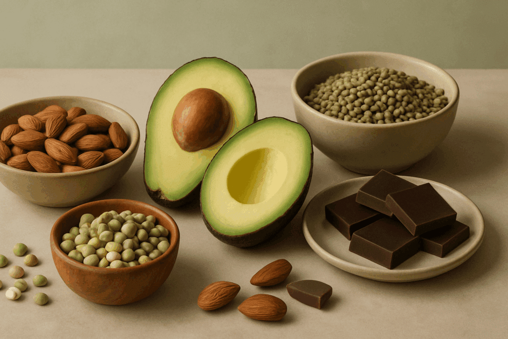 Balanced daily meal prep with oatmeal, salmon salad, smoothie, and snacks representing the best foods for energy and concentration