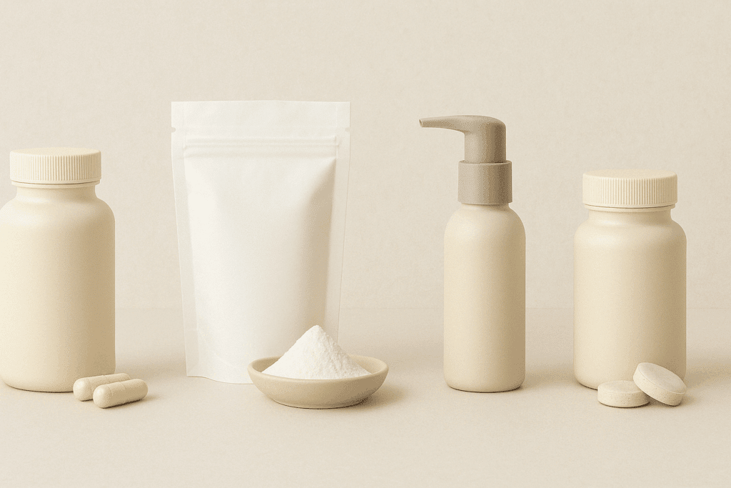 "Minimalist visual comparison of capsule, powder, liposomal, and chewable formats representing the best GABA supplement for ADHD"