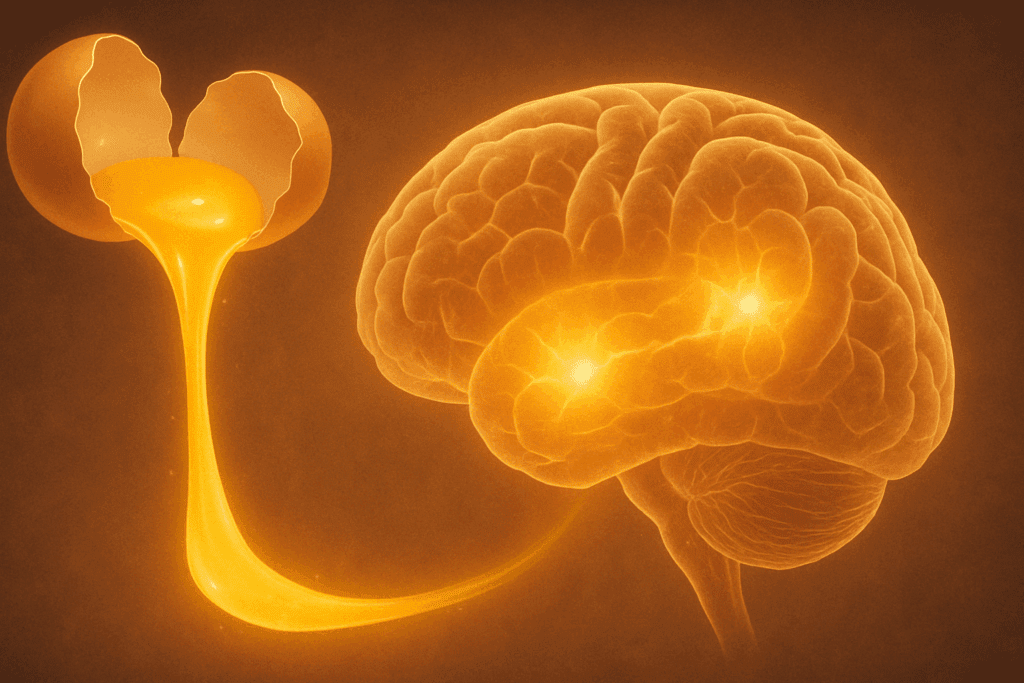 Glowing yellow stream from cracked egg yolks flowing into a translucent human brain, highlighting memory and decision-making centers—visual metaphor exploring are eggs good for your brain.