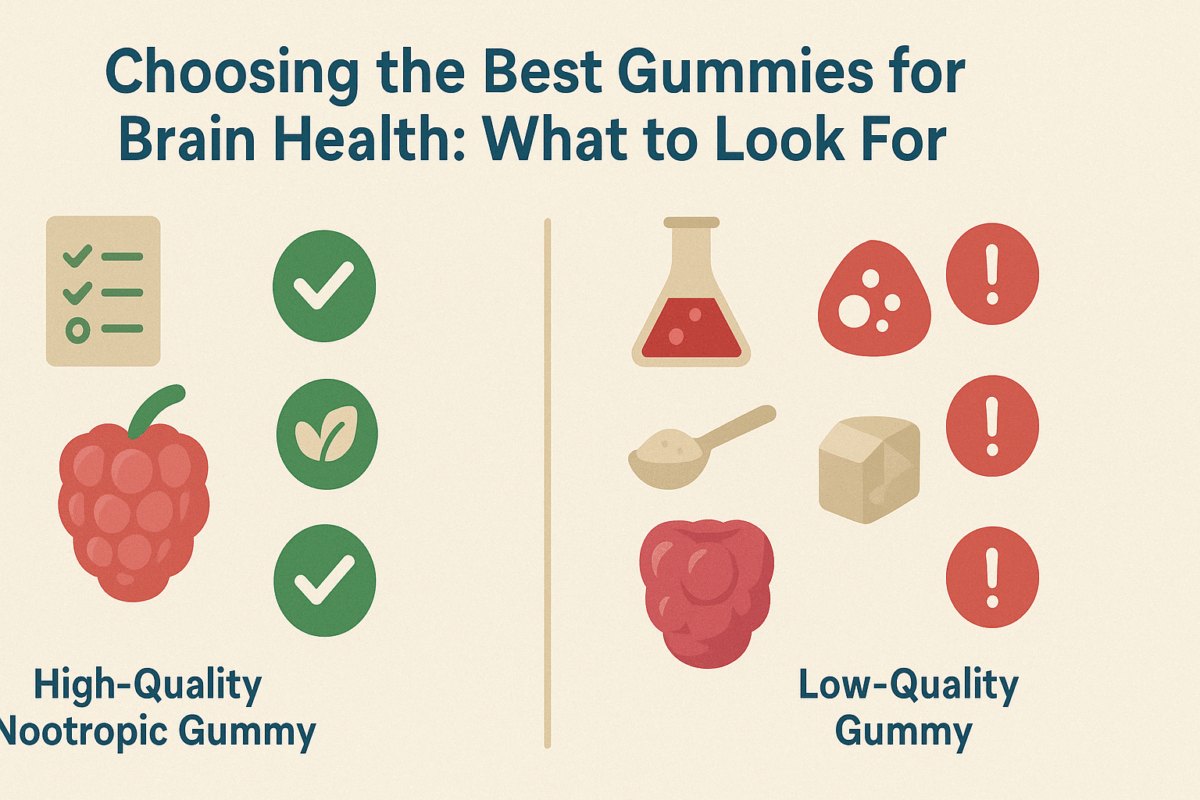 "Infographic comparing high- and low-quality options to help choose the best gummies for brain health using visual icons like checkmarks and warnings."