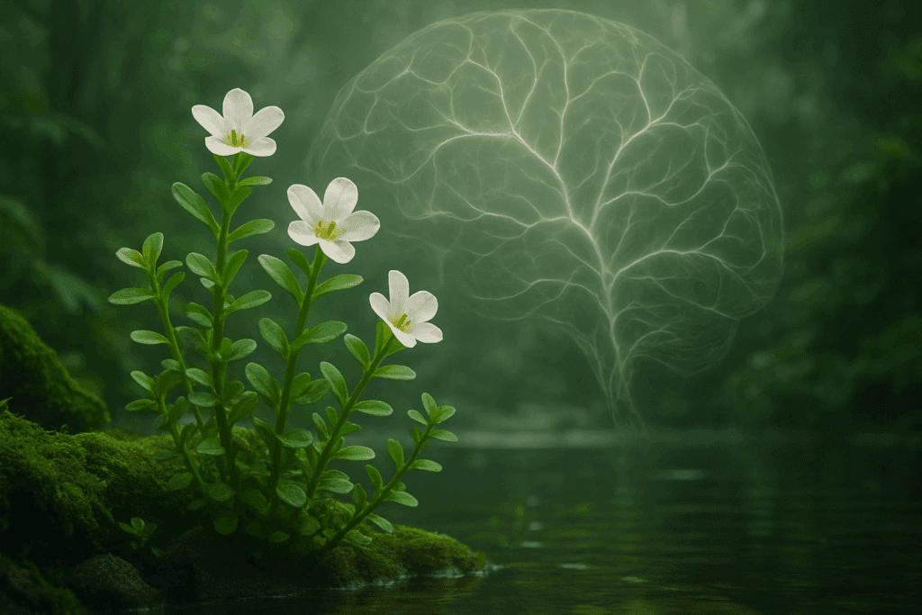 Traditional Ayurvedic setting with Bacopa monnieri growing near flowing water, representing an ancient contender for the best herb for ADHD.