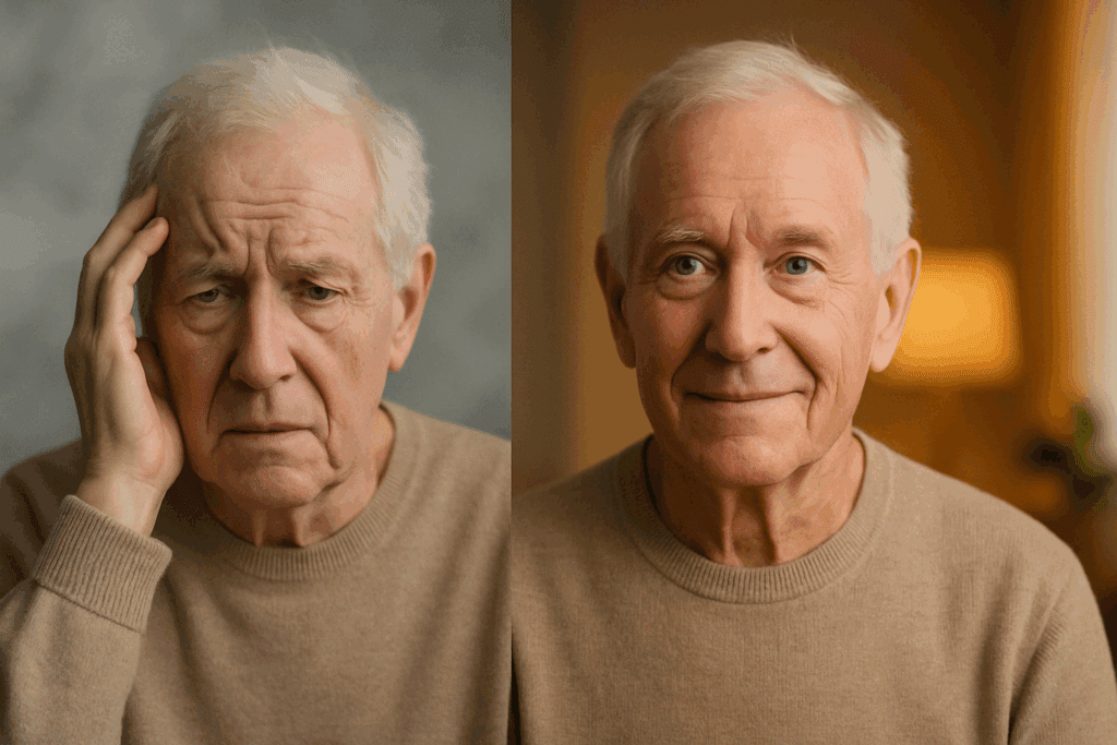 Elderly man split into two scenes showing mental fog on the left and improved alertness on the right, illustrating the question: Does Donepezil Really Help with Dementia"