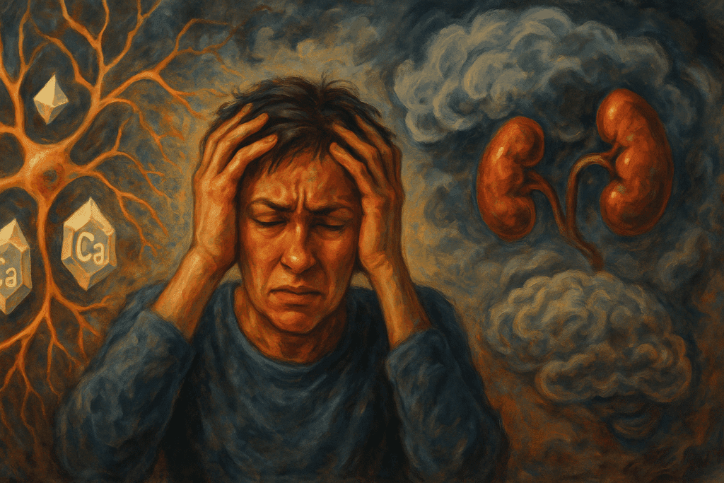 "Confused person with calcium imbalance symbols, illustrating early signs of toxicity related to can too much vitamin D cause dementia"
