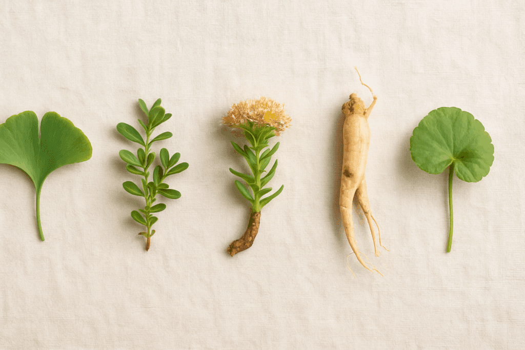 Traditional herbs including Ginkgo leaves and Bacopa sprigs displayed with mortar and pestle, representing ancient uses of the best herb for ADHD