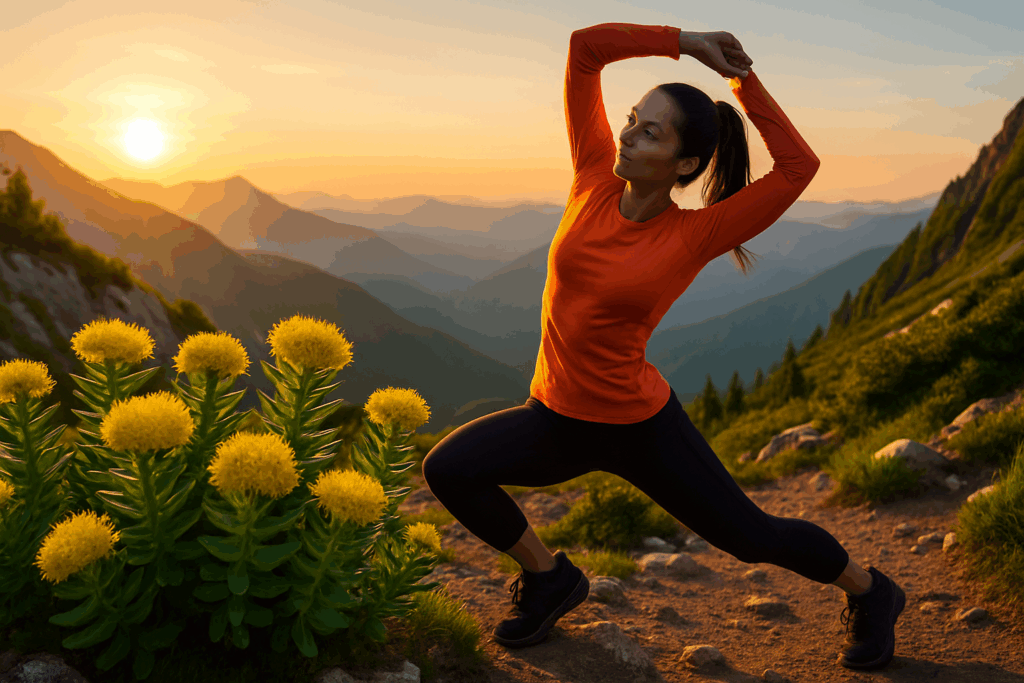 Rhodiola rosea blooming in a mountain landscape with an energized woman stretching, suggesting vitality and the best herb for ADHD-related fatigue.