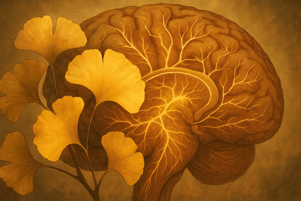 Golden Ginkgo leaves overlaid on a brain design, visualizing blood flow and the best herb for ADHD memory enhancement