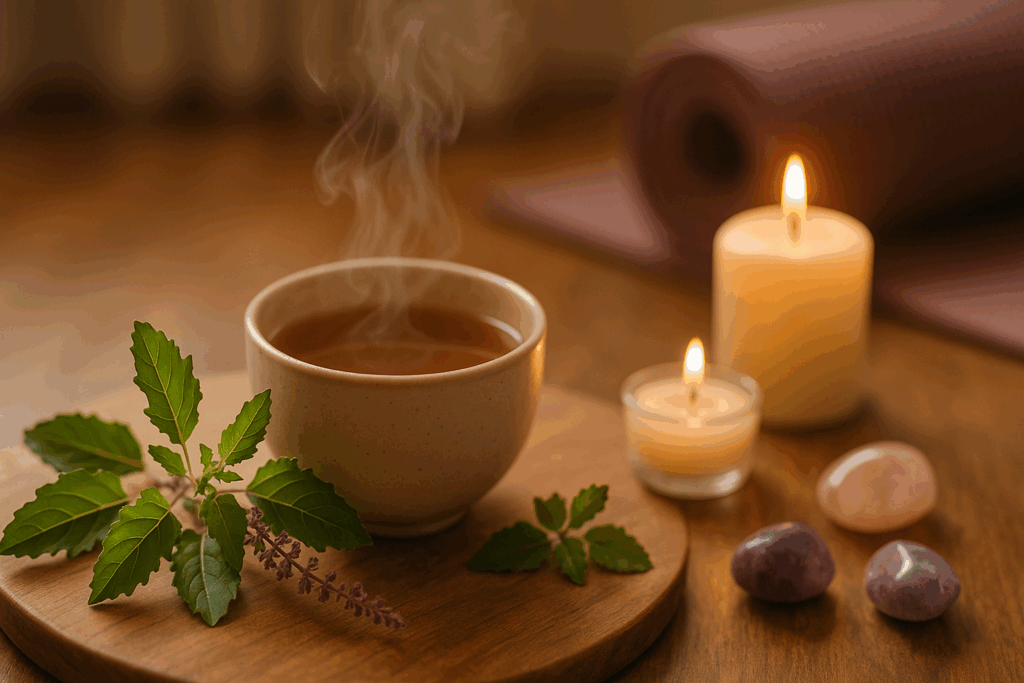 Top herbs for ADHD in women featured beside a smiling woman journaling, surrounded by herbal tea and natural medicine books