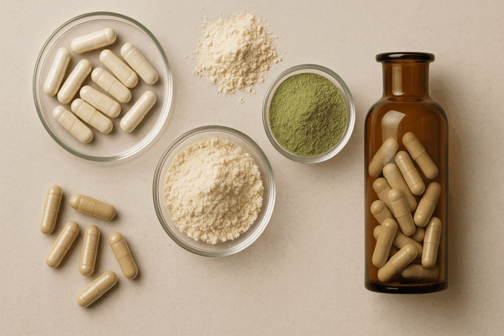 Natural supplement capsules with Gotu Kola and Lion’s Mane, representing emerging nootropics in the Top Science-Backed Herbs for ADHD in Women.