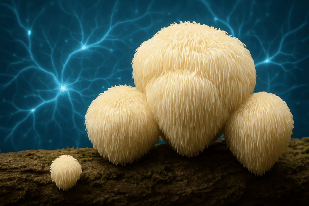 Lion’s Mane mushrooms on forest bark with neural patterns in the background, illustrating its role as the best herb for ADHD and brain repair.