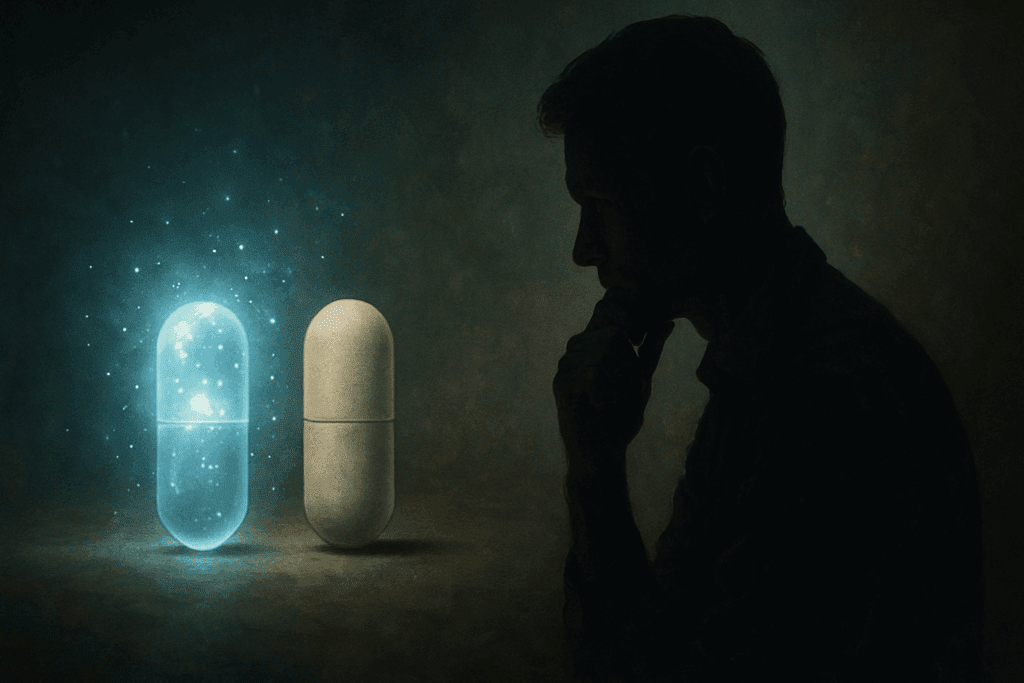 Man contemplating two pills—one glowing with magical sparkles, the other plain—symbolizing belief versus reality in a Limitless Pill Review.
