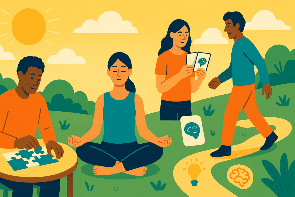 Group of adults solving puzzles, meditating, and using flashcards to demonstrate brain-training methods for how long does it take to memorize something.