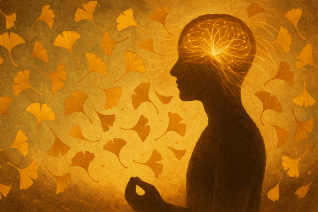 ALT text:
Golden Ginkgo leaves swirling into a brain-shaped silhouette, illustrating improved blood flow from herbs for ADHD in women
