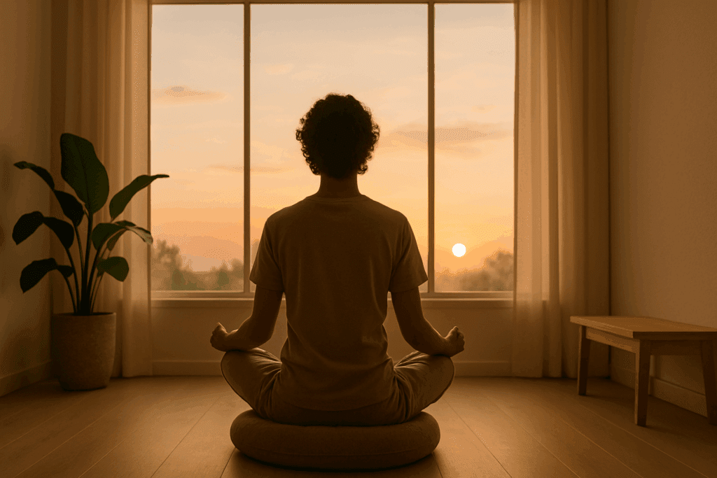 Person practicing mindfulness meditation at sunrise in a peaceful, minimal room—perfect for a calm start to a mind boost day.