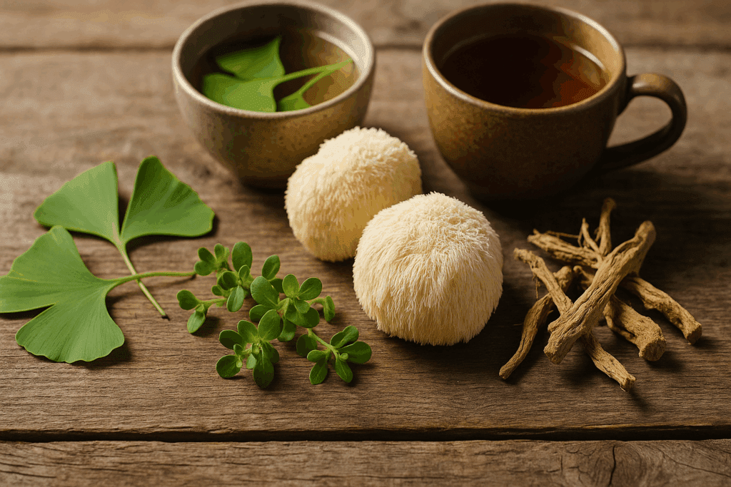 Herbal ingredients like Ginkgo biloba and Lion’s Mane mushrooms arranged on a table, symbolizing natural remedies tied to the meaning of forgetfulness.