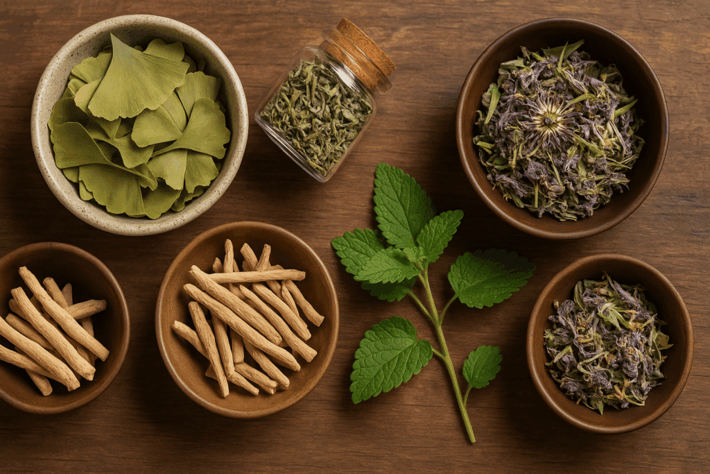 Flat lay of herbal remedies including ginkgo, ashwagandha, and bacopa used to support anxiety and memory loss in elderly adults.