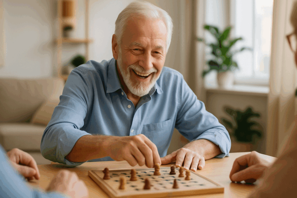 Smiling older man playing a strategy board game with friends in a bright room, reflecting the cognitive benefits of ageless brain supplements.