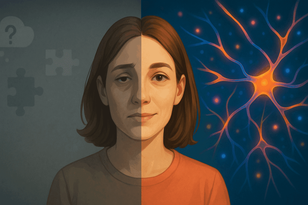 Split-image of brain fog versus mental clarity, visually representing deficiency and the query: does vitamin B12 help with memory.