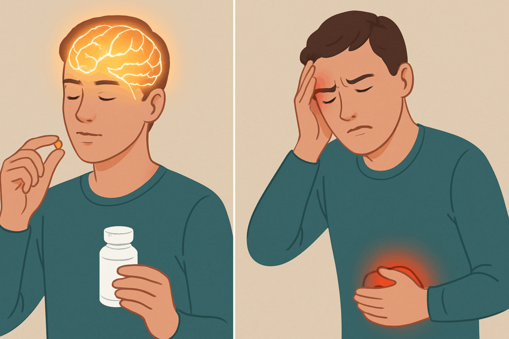 Split-screen concept showing positive and negative effects in Mindhoney Reviews—left side with glowing brain focus, right side with headache and stomach ache.
