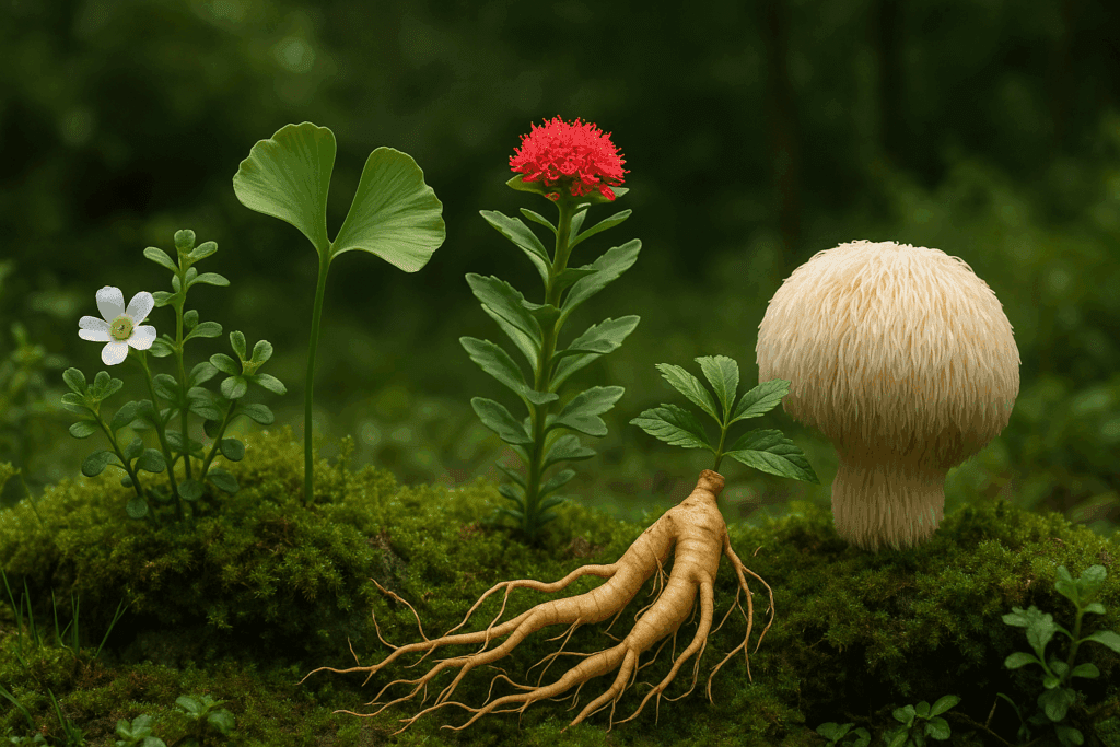 Visual guide of natural herbs like ginkgo and bacopa used to support cognitive clarity, complementing the discussion on whether or not does ADHD medication help with memory.