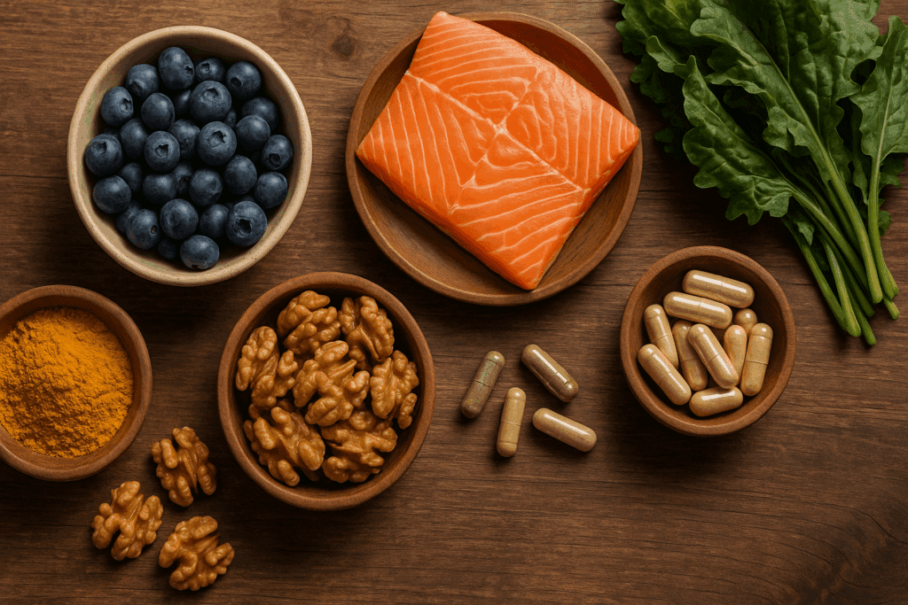 Selection of natural memory-boosting foods like walnuts and blueberries, complementing advice on what type of doctor should I see for memory problems.