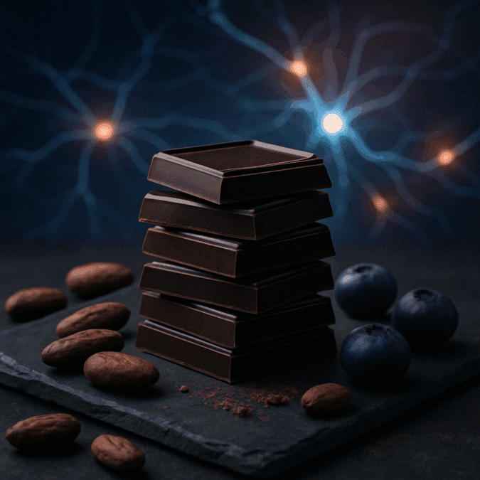 Dark chocolate squares with cocoa beans and blueberries, visually representing one of the top five foods for cognitive performance
