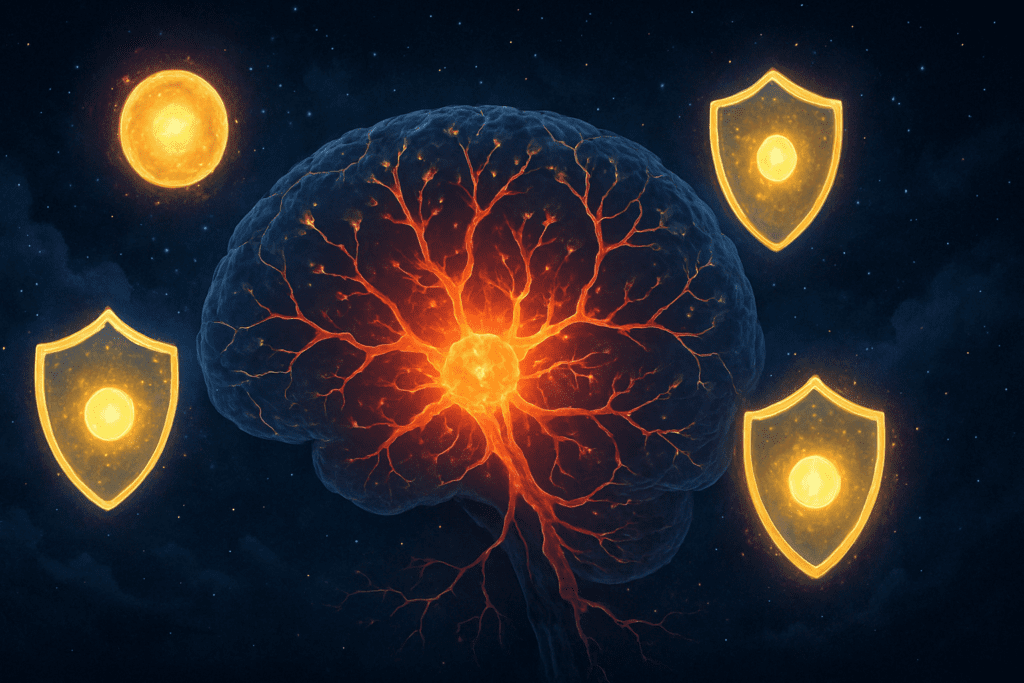Protective antioxidants surrounding brain cells at night, representing the neuroprotective link between Bacopa Monnieri and Sleep quality