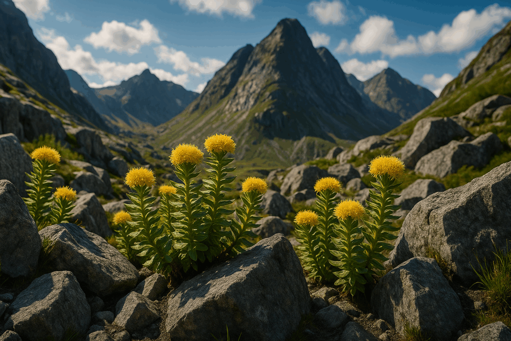 "Rhodiola rosea plants growing in a rocky mountain landscape showing stress resilience linked to the best herb for ADHD"