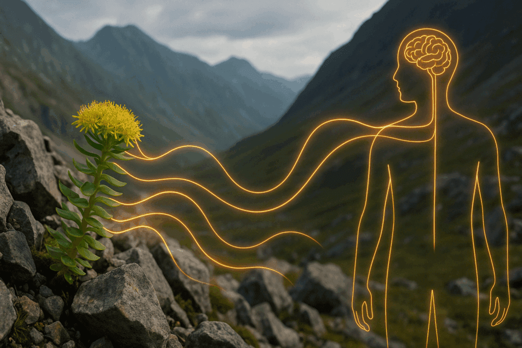 Rhodiola rosea growing in a rocky mountain landscape, used as one of the best herbs for ADHD and stress resilience