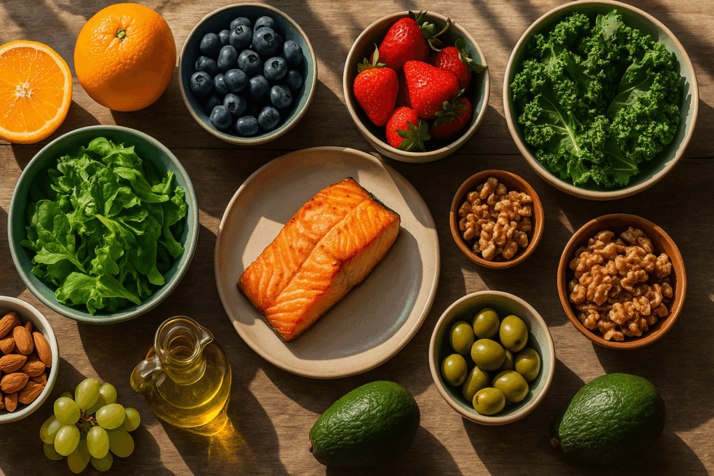 Mediterranean diet foods like salmon, berries, and leafy greens supporting brain health and how age affects memory.