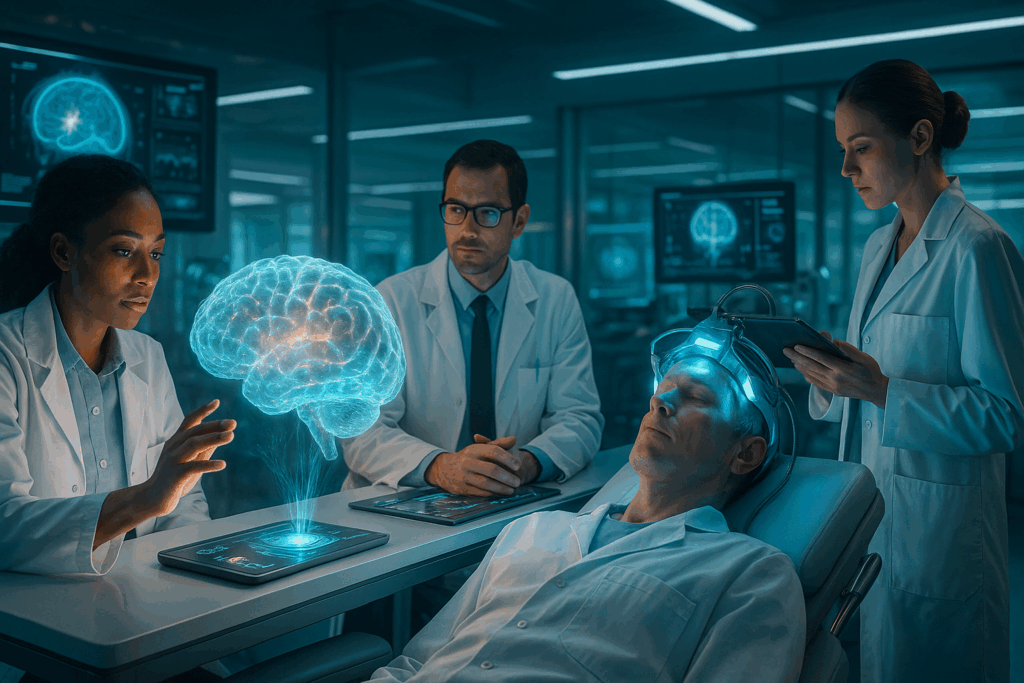 "Neurologist explaining how amnesia medication works to a patient in a clinic"
