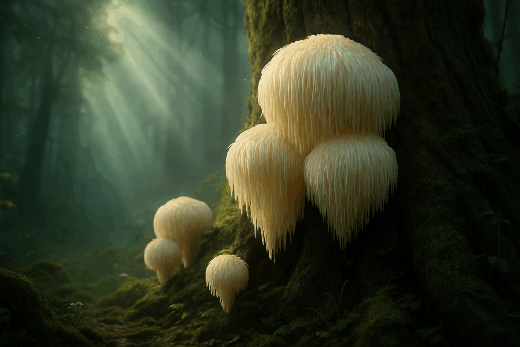 "Magical forest scene featuring Lion’s Mane mushrooms, symbolizing cognitive growth benefits of Top Herbs for ADHD in Women"