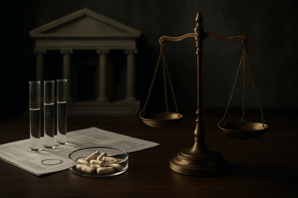 Brass balance scale beside scientific test tubes, capsules, and lab reports symbolizing legal complexities of NewMind Nootropics.